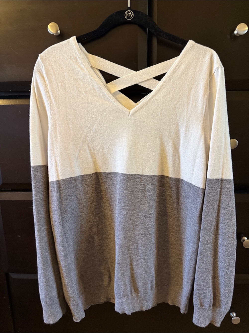 Women's Love Ellie Two-Tone V-Neck Sweater with Crisscross Back - White & Gray
